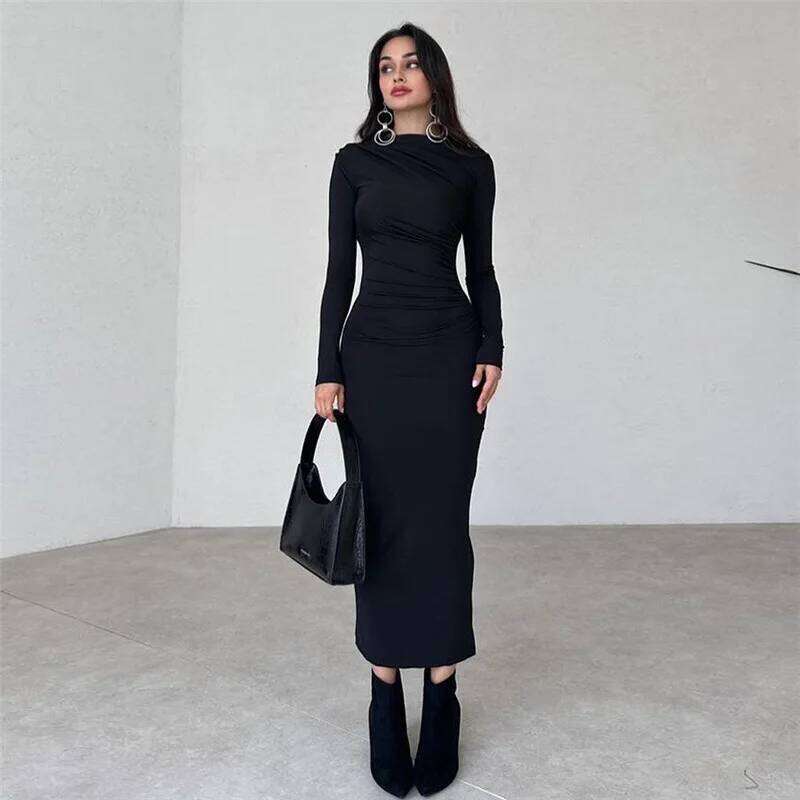 Autumn and Winter New Women's Round Neck Long-sleeved Solid Color Fashion Elegant Pullover Long Casual bodycon Dress Z260314