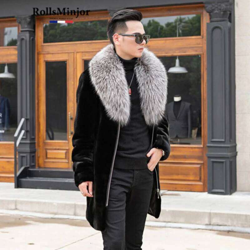 Men's mink coat extra long oversized silver fox fur collar casual warm jacket Z260313