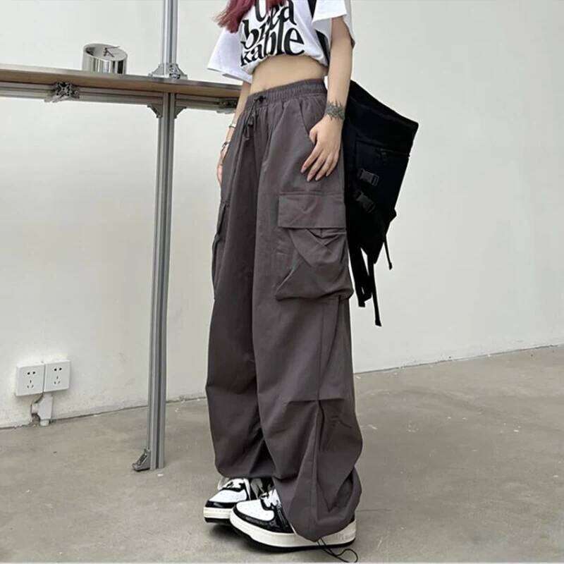 Women Casual Cargo Solid Low Waist Joggers Tech Pants Drawstring Wide Leg Baggy Trousers Y2K Streetwear Sweatpants