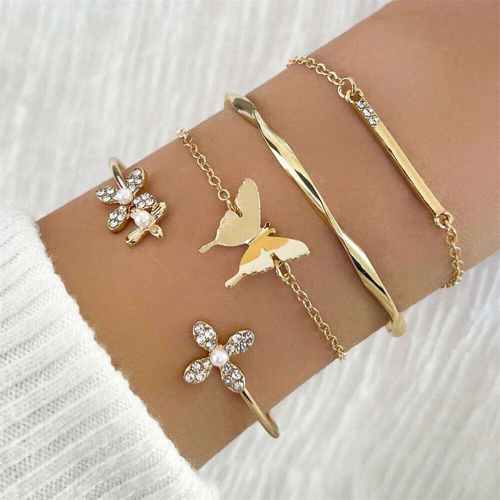 Vintage Gold Color Cuff Set of 4 Stainless Steel Butterfly Combination Fashion Elegant Bracelet Jewelry Gifts Z260313