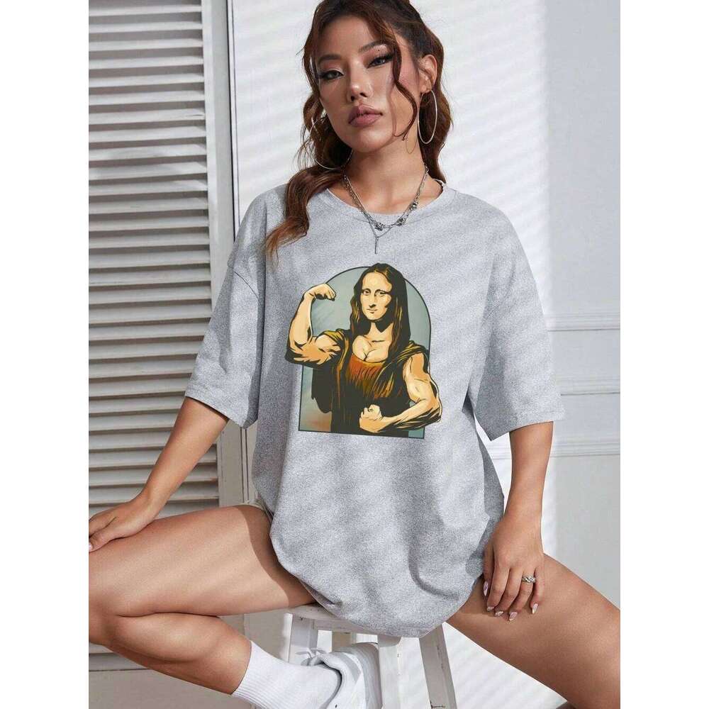 Playing Pranks On Mona Lisa Fitness Print Womens T Shirt Oversized T-Shirt Casual Short Sleeve Cotton Loose Tshirt Z260314