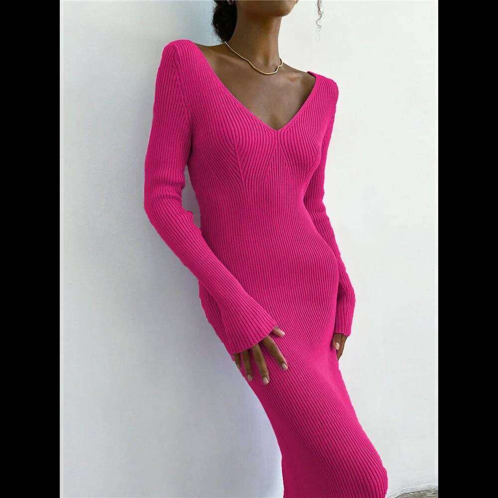 Women's Long Sleeve Knitted Dress, V-Neck, Commuter, Slim Fit, Monochromatic, Autumn, Winter, New Z260313
