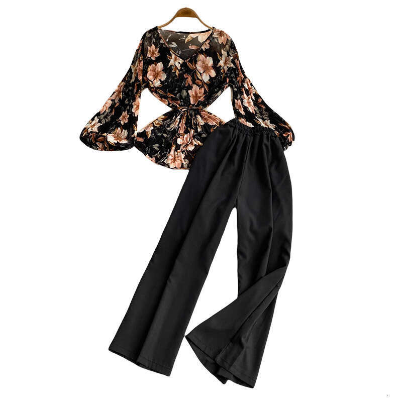 Designer ladies elegant mature style two-piece loose waistband flower pleated shirt high waist wide leg straight A13 leg suit pants