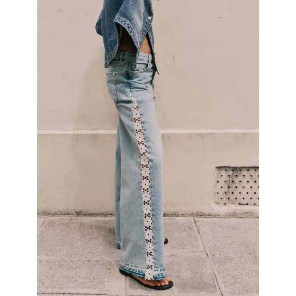 2025 Ropa Y2K Fashion Hollow Lace Patchwork Vintage Blue Baggy Jeans Pants For Women Clothing Korean Casual Lady Denim Trousers Z260313