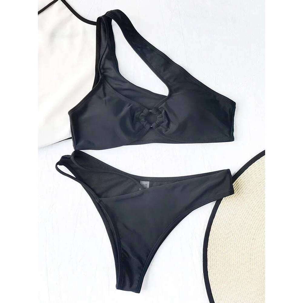 Sexy Asymmetric One Shoulder Women Swimsuit Female Swimwear Two-pieces Bikini Set High Cut Out Bather Bathing Suit Swim Y260303