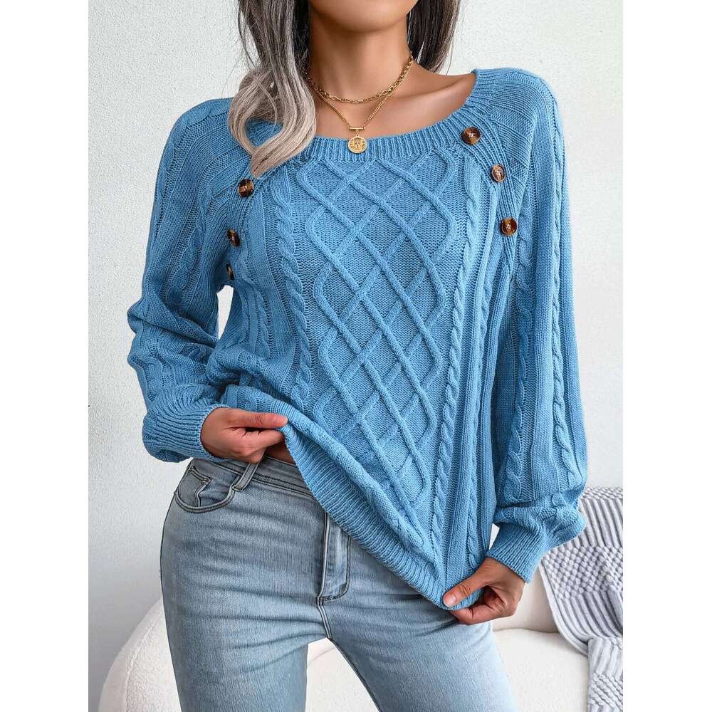 Woman Casual Plain Square Collar Buttons Long Sleeve Knitted Pullover Sweaters for Autumn Winter 2026 Fashion Women Clothes Z260313
