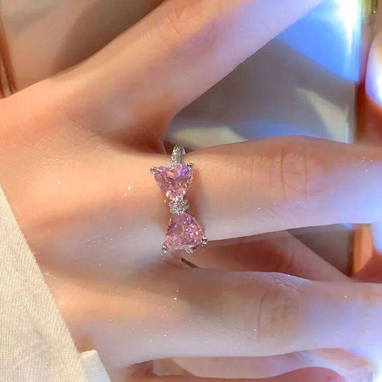 Y2K Pink Crystal Bowknot Zircon Rings for Women Fashion Sweet ly Girl Open Adjustable Ring Kpop Party Jewelry Gift 2023 H260312