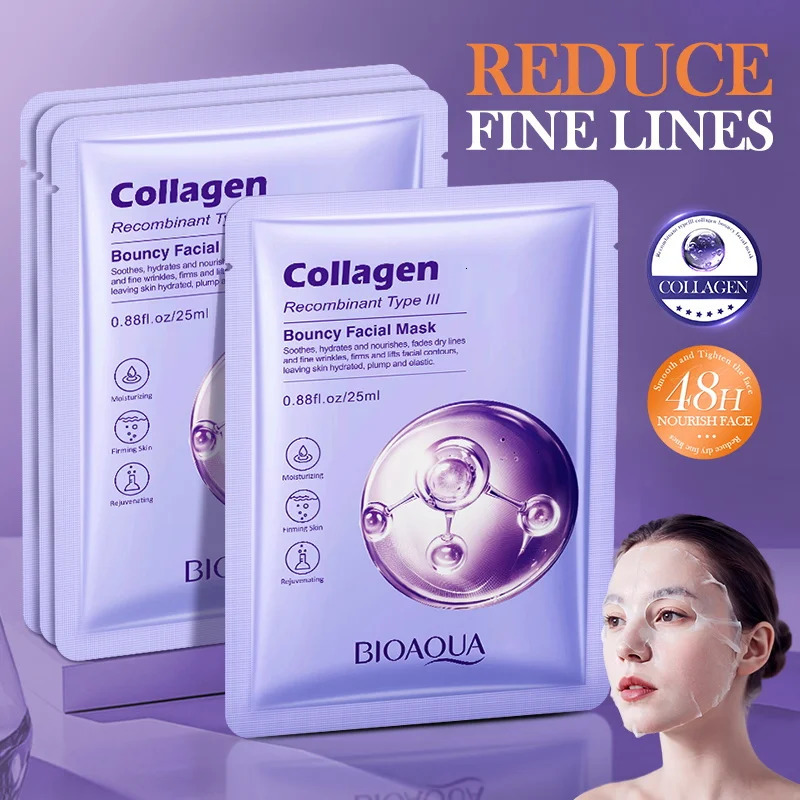 10pcs BIOAQUA Collagen Facial Masks Anti Wrinkles Anit-Aging Moisturizing Whitening Face Mask Facial Skin Care Products 260304