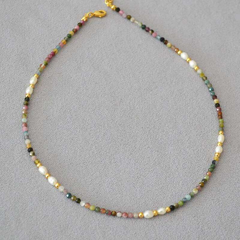 French retro art colored tourmaline real stone freshwater rice grain pearl bead short style fine necklace collarbone chain H260312