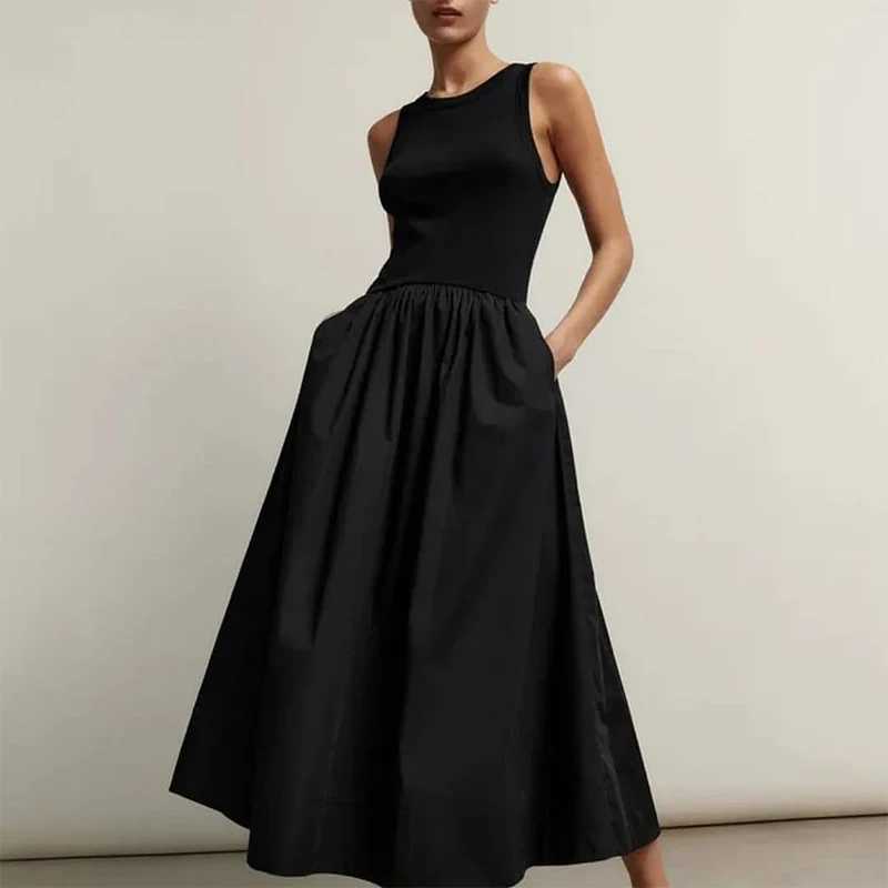 HXAO Black Dress Women Slim Simple O Neck Sleeveless Long Dress Holiday Dress Street Casual Dresses 2025 Womens Summer DressT260314