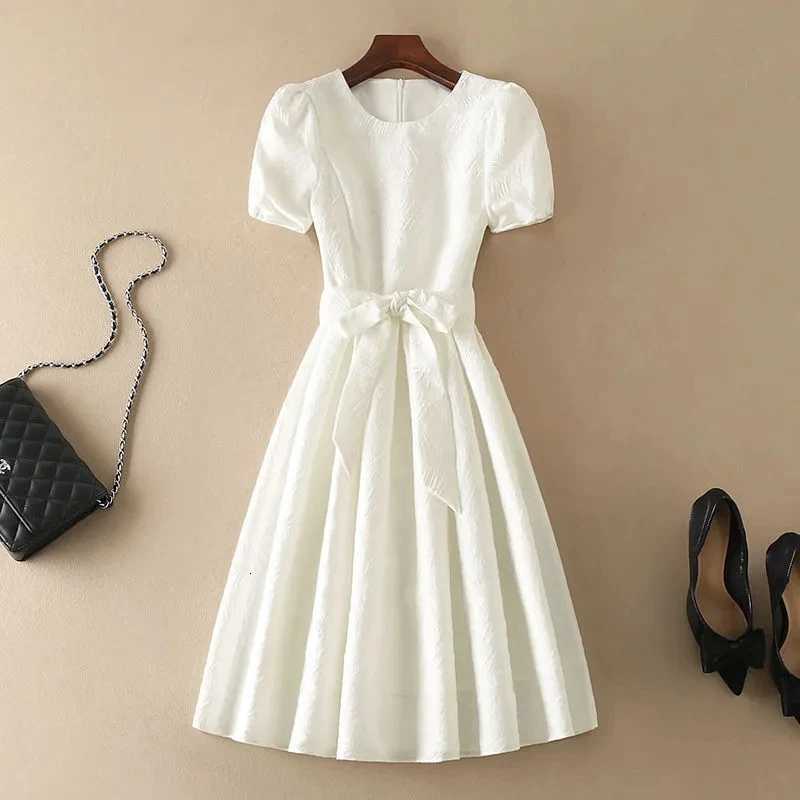 Beige Elegant Office Lady O-Neck A-Line Bow Lace Up Short Sleeve Womens Dress Mid-Calf Dresses For Women Clothing 2026 FashionT260314