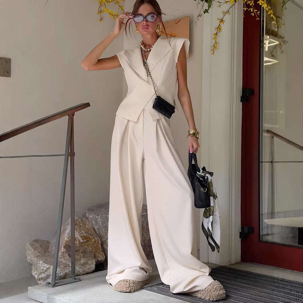 European American Cross Border Women S Clothing Khaki Suit Unique Design Unisex Sleeveless Blazer With Collar And Long Pants Two Piece Set MAKOUFEI