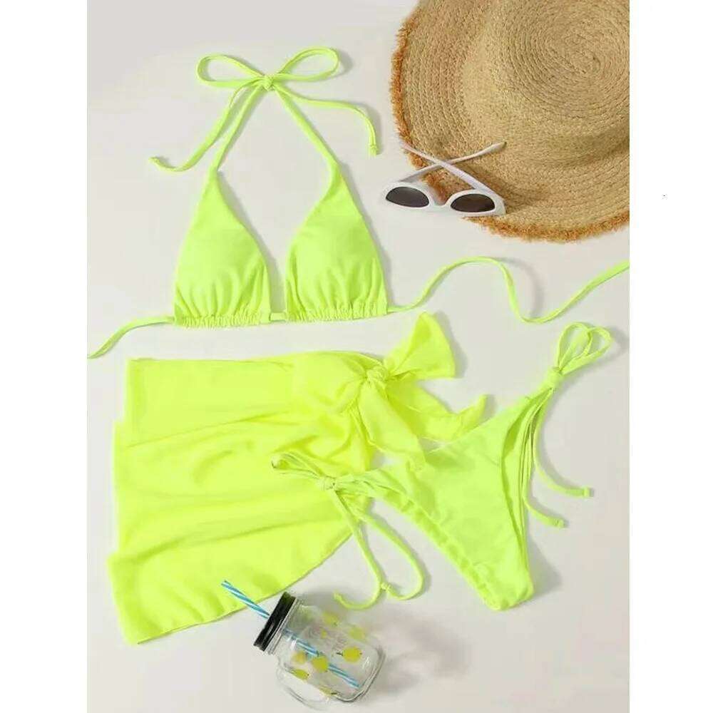 New Neon Yellow 3 Pieces Set Swimsuit Women Thong Swimwear Sexy Micro Bikini With Sarong Skirts Beach Wear Bathing Suit Swim Y260303