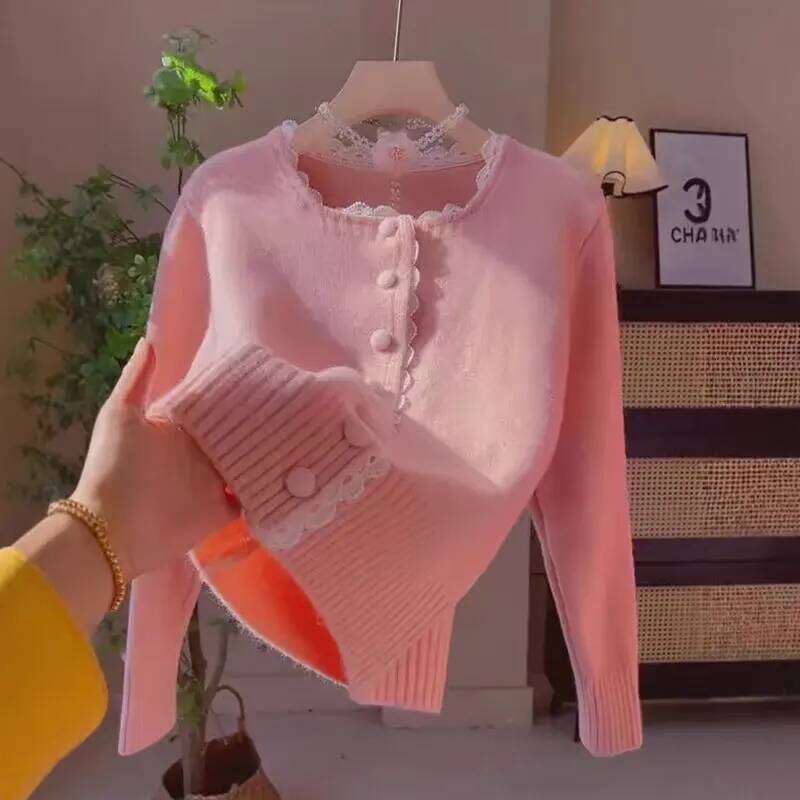 Spring Autumn Splicing Lace Design Sweater For Women New Korean Loose Slim Single Breasted Style Knitted Cardigan Top Z260313