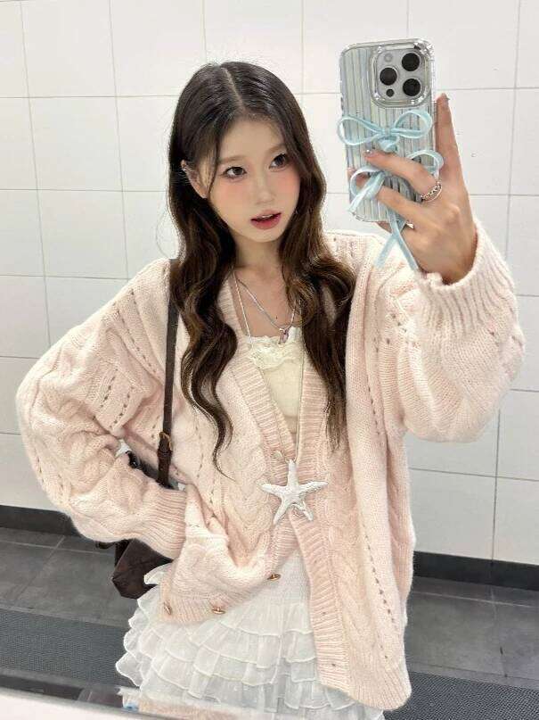 Women Sweet Kawaii Pink V-Neck Sweater Coat Autumn Winter Casual Loose Fashion Knit Cardigan Ladies Y2k Elegant Chic Top New Z260313