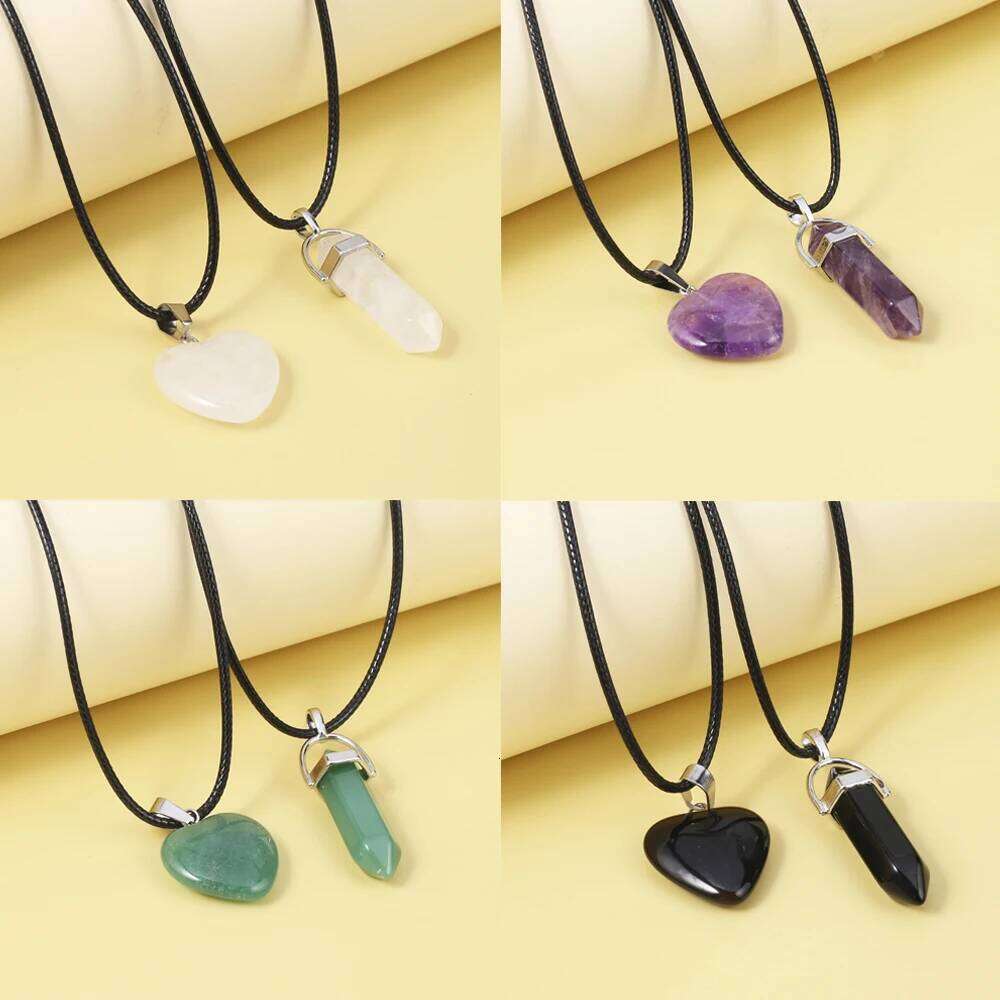 Couple Heart Shape Natural Stone Amethyst Pink Crystal Opal Obsidian Hexagonal Prism Pendant Jewelry Necklace Gift Pair H260312