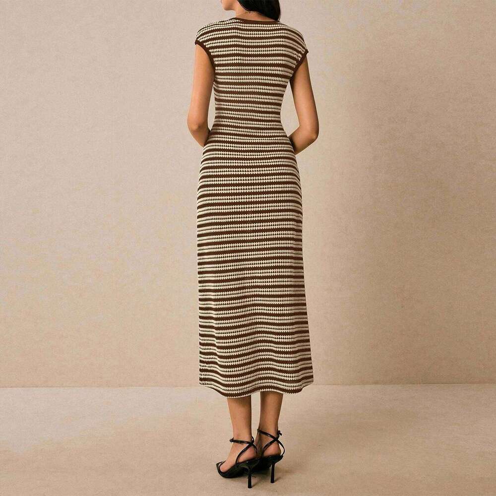 Women's Spring Slim Fit Striped Knit Dress Fashion Casual Color Blocked Waist Cinched Round Neck Short Sleeved Long Dresses Z260313