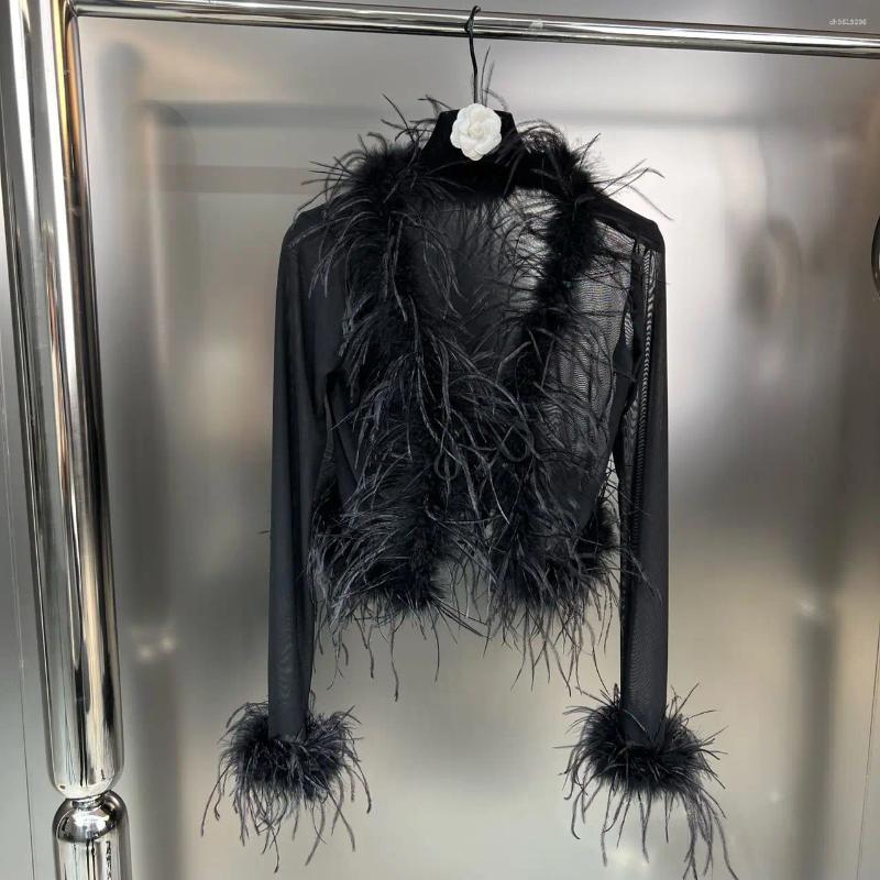 Women's Jackets Autumn Fashion Women Clothes Flare Sleeves Feather Spliced Mesh See Throw Sexy Top Cardigan Female Tide
