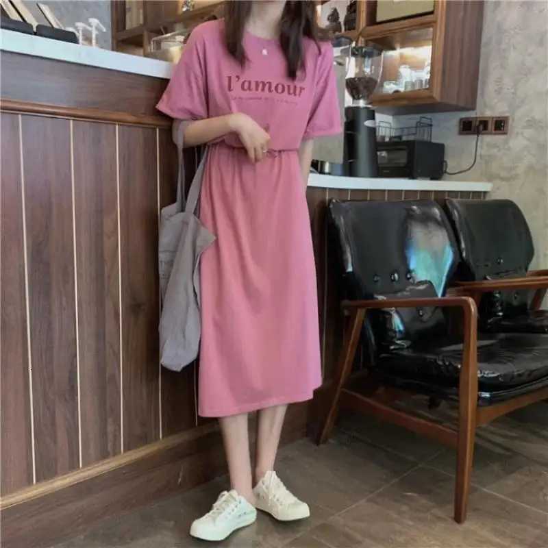 Medium to long T-shirt skirt summer 2024 new T-shirt skirt summer style loose fit short sleeved dress womens clothingT260314