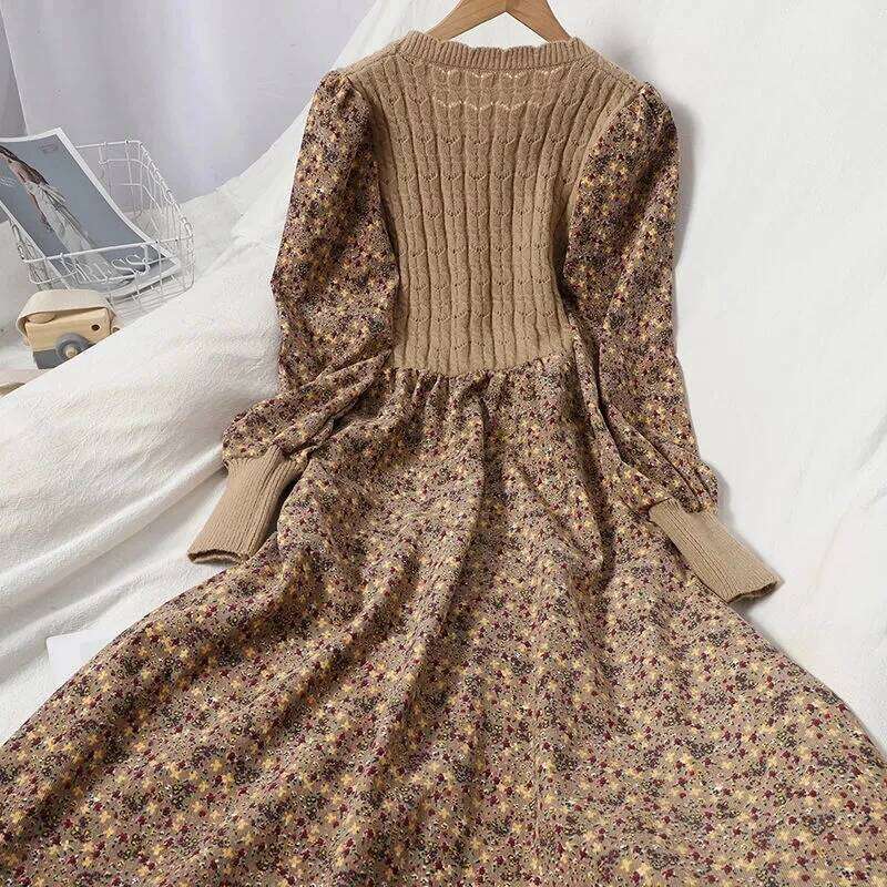 2025 Autumn Winter New Korean Patchwork Bandage Long Sleeved Knitted Dress Women's Fashion Slim Sweet Corduroy Flower Dresses Z260313
