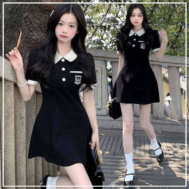 Fashion Contrasting Colors Academic Style Appear Thin Lower Back Printing Temperament Polo Collar Women's Dress Summer 2024 Z260314