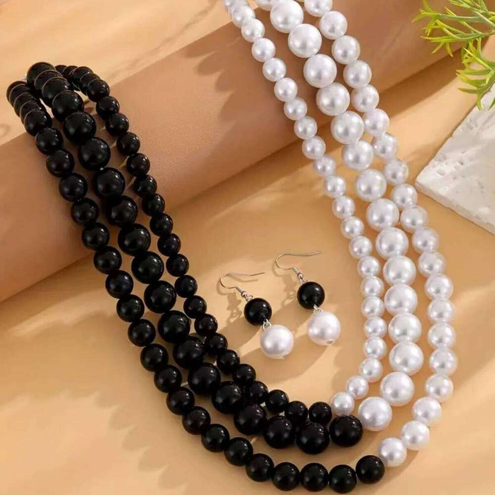 Elegant Black White Imitation Pearl Necklace - Unique Women's Layered Design, Suitable For Parties And Gifts H260312