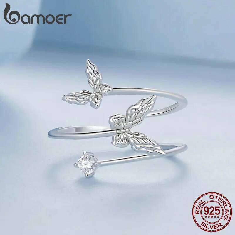 BAMOER Solid 925 Sterling Silver Butterfly Adjustable Open Ring Anniversary Birthday Jewelry Gifts for Women Girls H260312