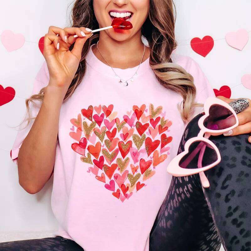 Y2k Graphic Tee Clothes Glitter Red Heart Design T-shirts for Women Fashion Women's Valentines Shirts Summer Casual Pink Tops Z260314