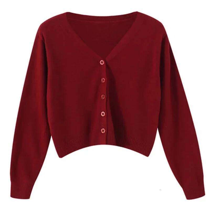 2025 Women's Long Sleeve Cropped V Neck Button Down Knit Lady Autumn Spring Knitted Single-breasted Cardigan Sweaters Z260314