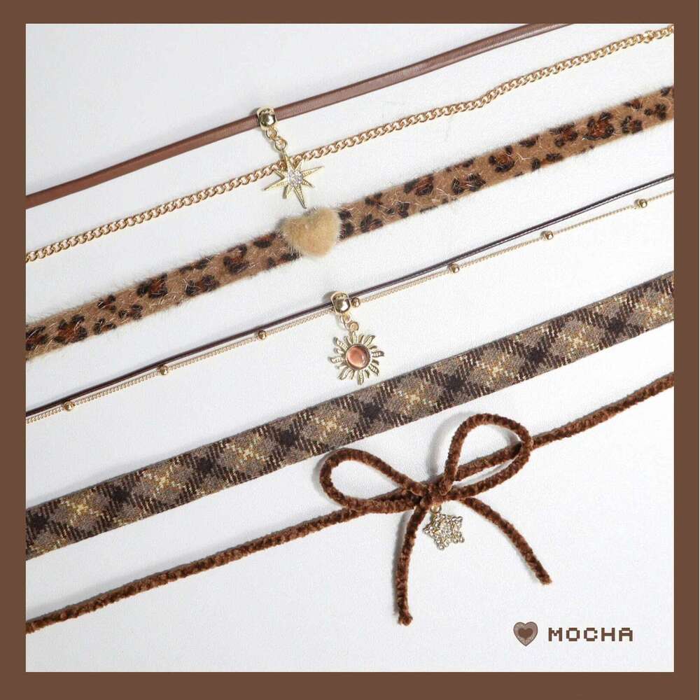Y2K Vintage Brown Bowknot Flower Sun Stone Leather Pendant Necklace Stacking Choker Plush Leopard Clavicle Chain For Women Girl H260312