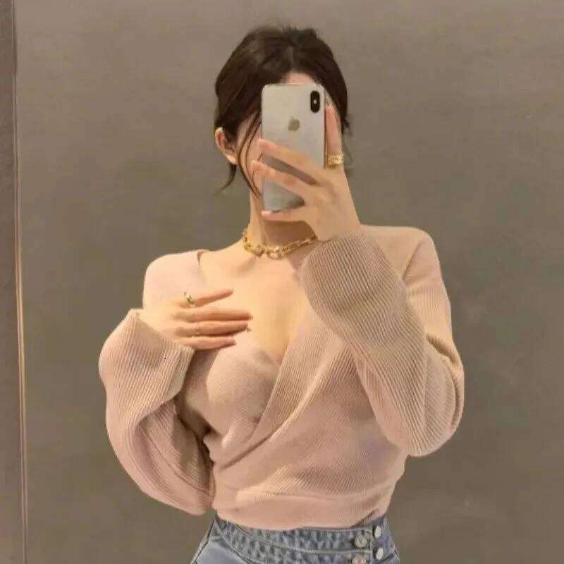 Chic V Neck Knitted Sweaters Women Irregular Cross Long Sleeve Office Lady Pullovers Fall Winter Korean Slim Fit Casual New Tops Z260314