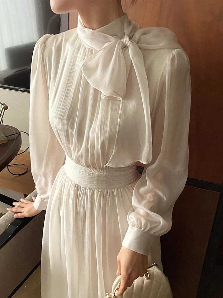 Ele Spring Chic Stand Collar Sa Knot Slimming Long Sve Chiffon Dr High Waist Commute Sle Other MaterialT260314