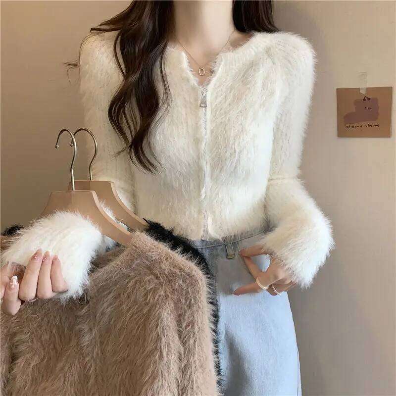 Fashion Korean Style Autumn Women Long Sleeve O-neck Zipper Knit Sweater Spring Solid Sexy Short Top Elegant Fluffy Knitwear Z260313