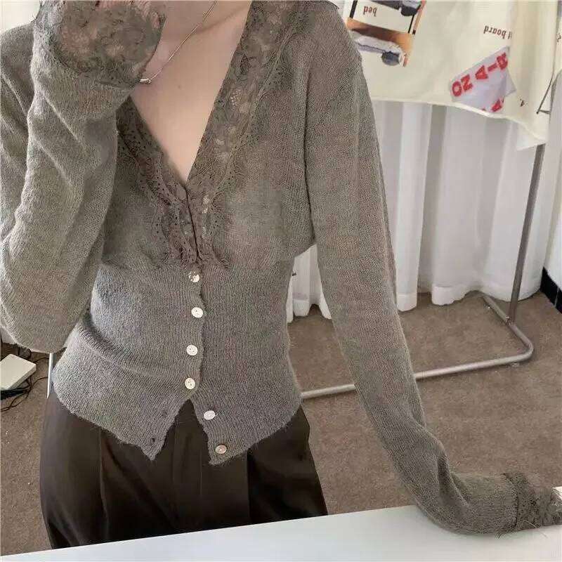 Cardigan Women Hotweet Tender Lace Inner Slim Y2k Sweater Casual Korean Style Girls V-neck Soft Autumn Long Sleeve Temper Chic Z260313