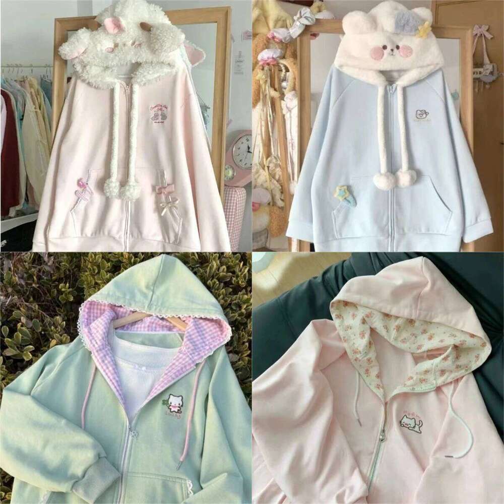 Harajuku Coats with Hoodies Women Japanese Sweet Lolita Sweatshirts Kawaii Cartoon Print Y2k Overcoat Fashion Clothes Top Z260314