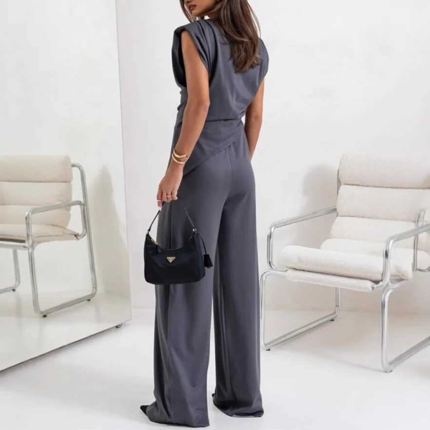Elegant Straight Commuting Set Simple Solid Color O Neck Sleeveless Top Pants Suit Women Fashion High Street Irregular Outfit c04 M260313