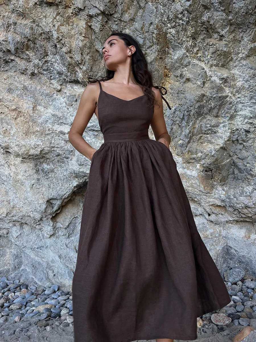 DRC Women 2024 Elegant Lace-Up Pockets A-Line Dresses Summer Sexy Backless Party Pleated Dress Fashion Brown Linen Long DressT260316