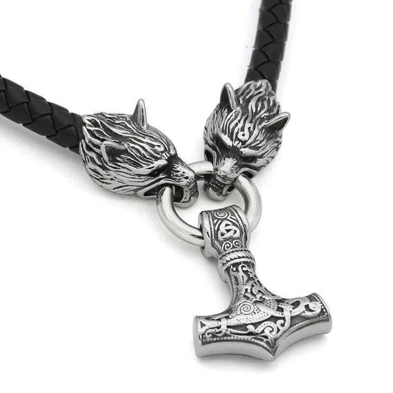 Vintage Antique Silver Black Thor's Hammer Viking Wolf Head Necklace Vegvisir Anchor Pendant Male Jewelry H260312