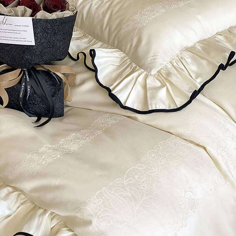 1000TC Egyptian Cotton Princess Wedding Bedding Set Ruffles Black Edge Jacquard Duvet Cover Flat/Fitted Bed Sheet Pillowcases H260312 - view 6