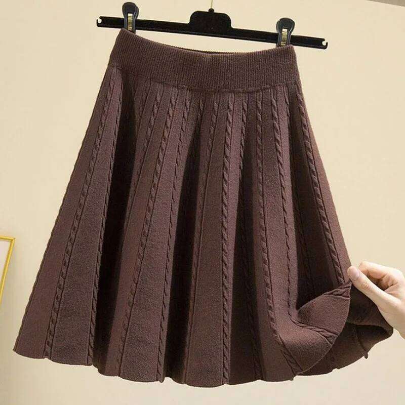 Spring Autumn Knitted Elastic Waist High Irregular 2023 New Screw Thread All-match Pleated Skirts for Women Korean Trend Z260314