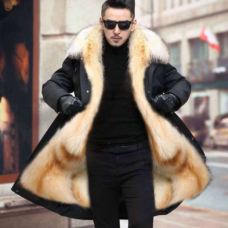 Faux Coat Loose OverCoat Thick Warm Men Plush Coats Fox Hair Inner Liner Detachable Collar Long Parkas Fur Jacket Z260313