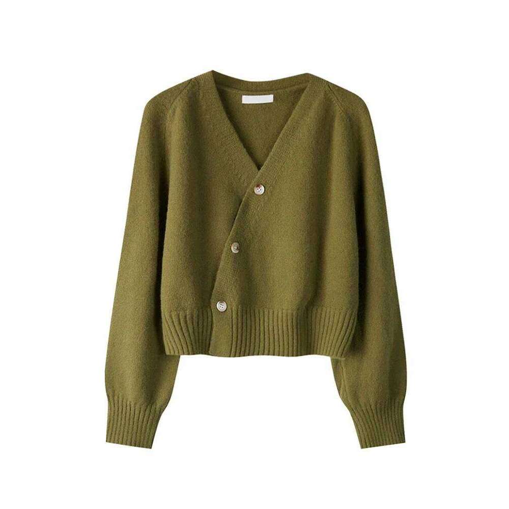 2025 Autumn Winter Skew Button Cardigan V-neck Women Knitted Long Sleeve Tops Korean Loose Solid Cashmere Woman Sweater Z260314
