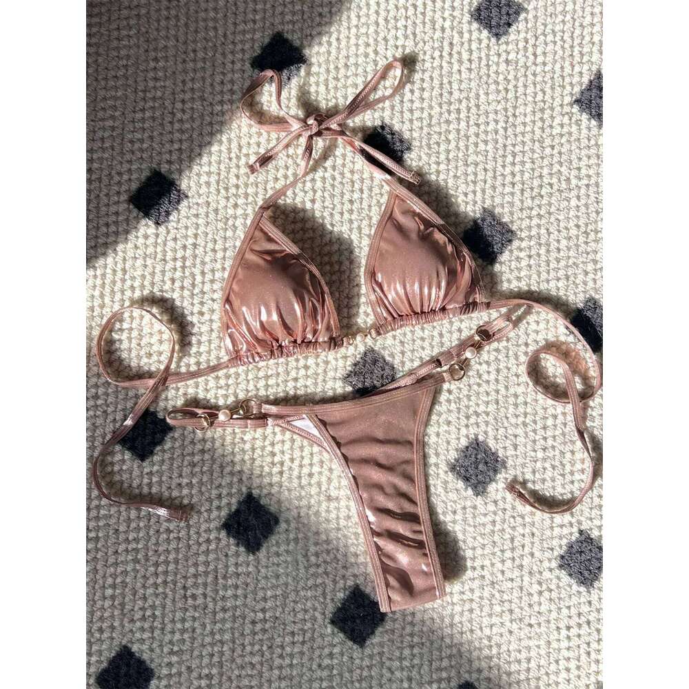 Shiny Pink Micro Bikini 2026 Mujer Women Sexy PU Pearls Push Up Thong Swimsuit Summer Bathing Suit Bandage Holiday Swimwear 26H0313