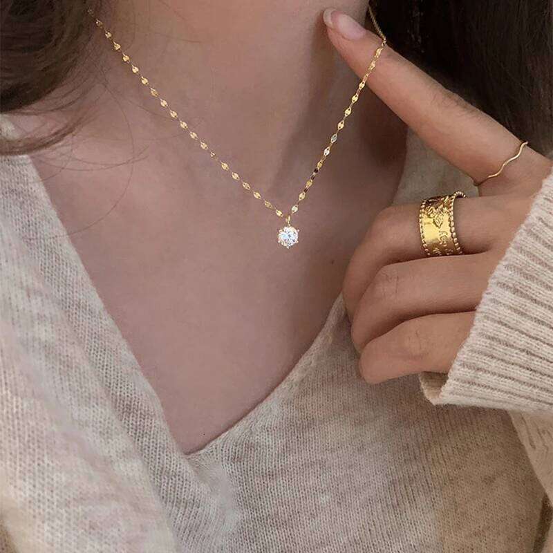 ANENJERY Silver Color Single Necklace for Women Six Claws Zircon Clavicle Chain Wedding Party Jewelry H260312