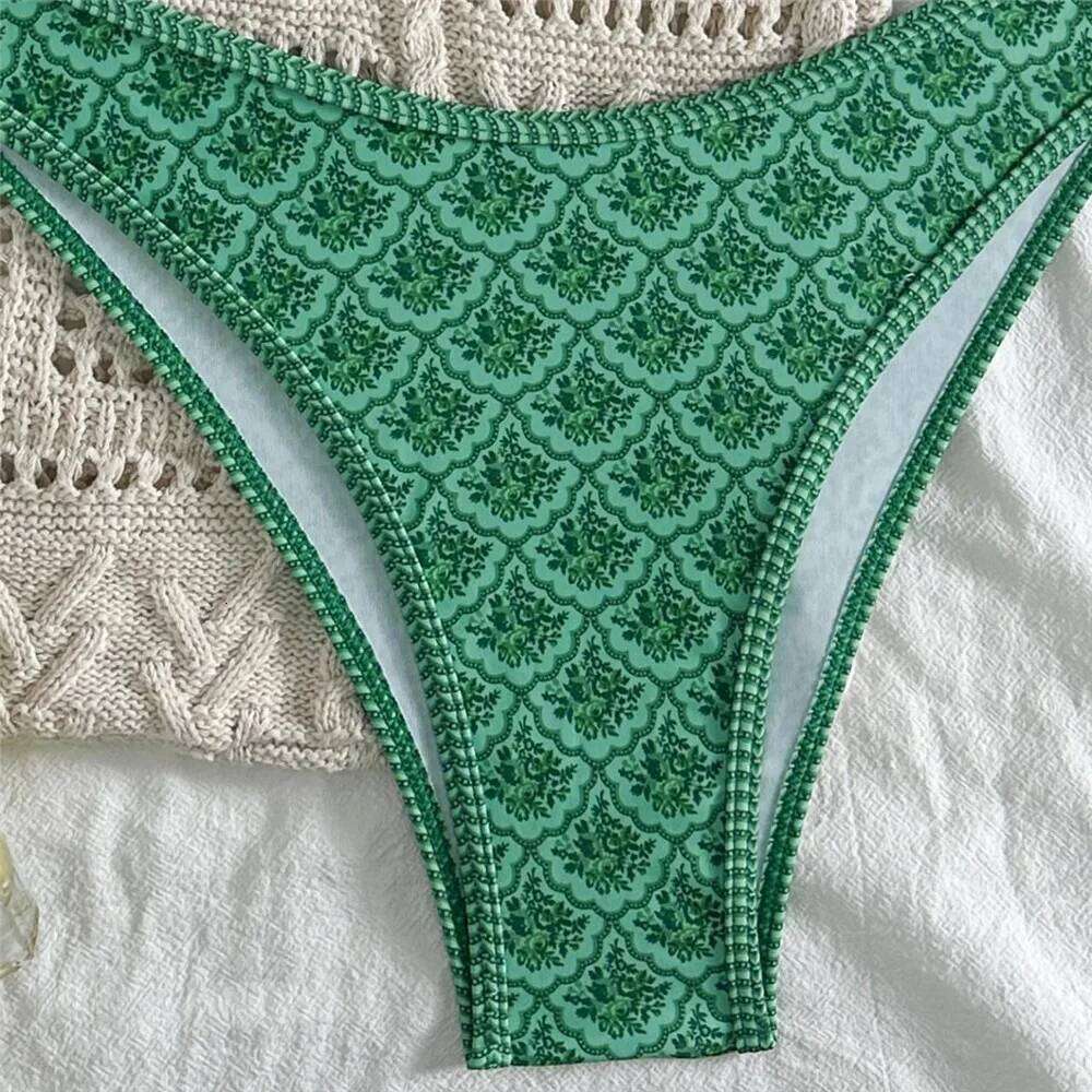Green Vintage Floral Print Swimwear Bandeau Bikinis Sets Micro Thong Sexy Swimsuit Women 2026 Bathing Suit Bikini Mujer Biquinis Y260303