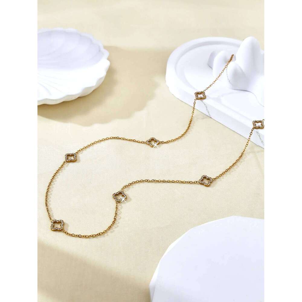 Elegant Stainless Steel 18K Gold-Plated Openwork Diamond-Studded Cr Long Necklace For Women H260312