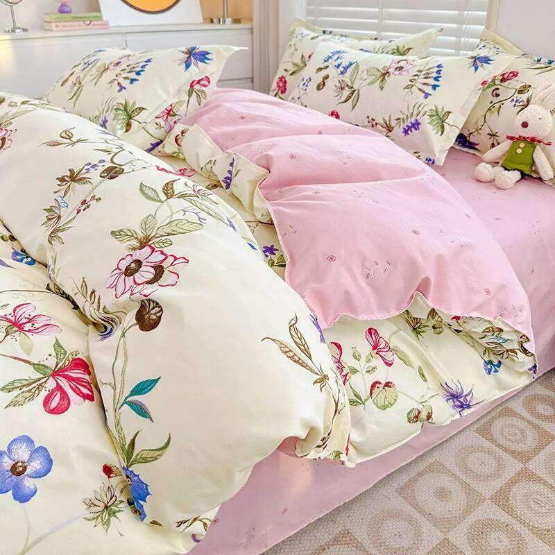 Simple Flower Quilt Cover Bed Sheet Four-piece Washed Cotton Bedding College Dormitory Three-piece Set Warm Home H260312 - view 5