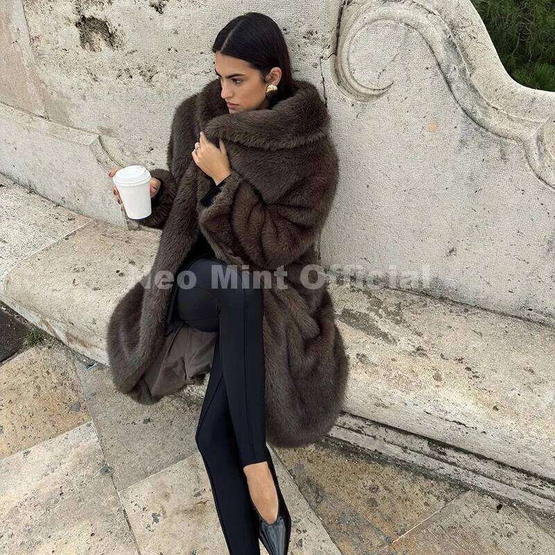 Neo Mint 2025 Winter Maxi Long Faux Coat Women Hot Slavic Style Russian Girl Aesthetic Fluffy Fox Fur Jacket Thick Outerwear Z260313