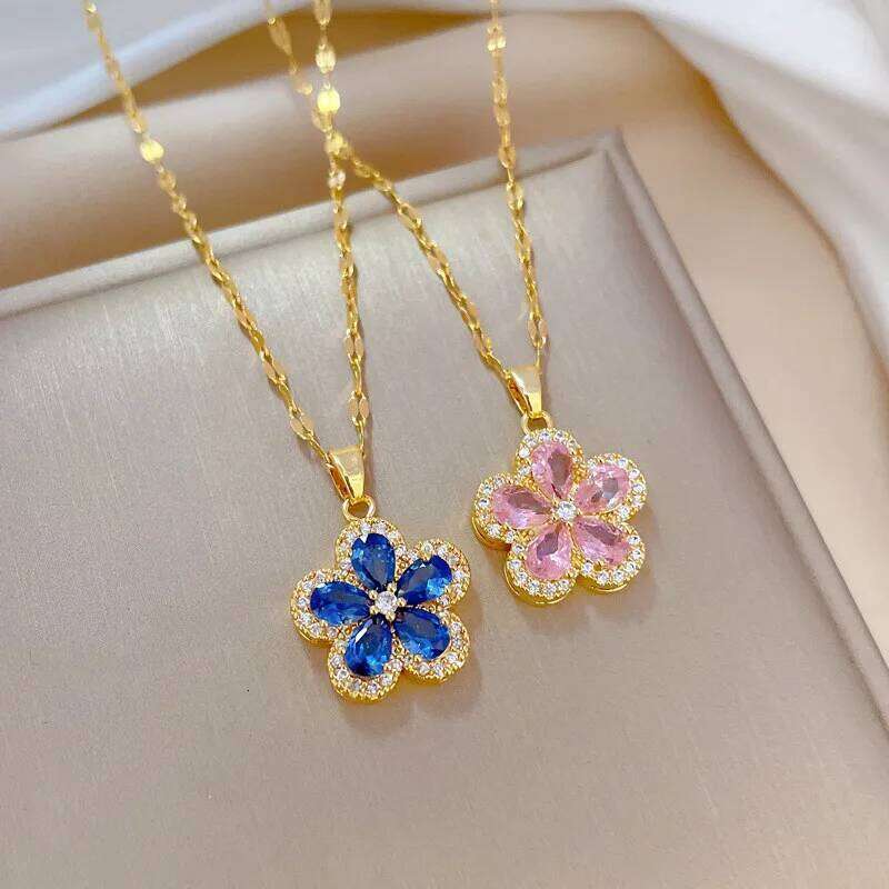High Grade Camellia Zircon Jewelry Sets Stainless Steel Trendy Flower Pendant Necklace Earrings Party Gifts For Women Girls H260312