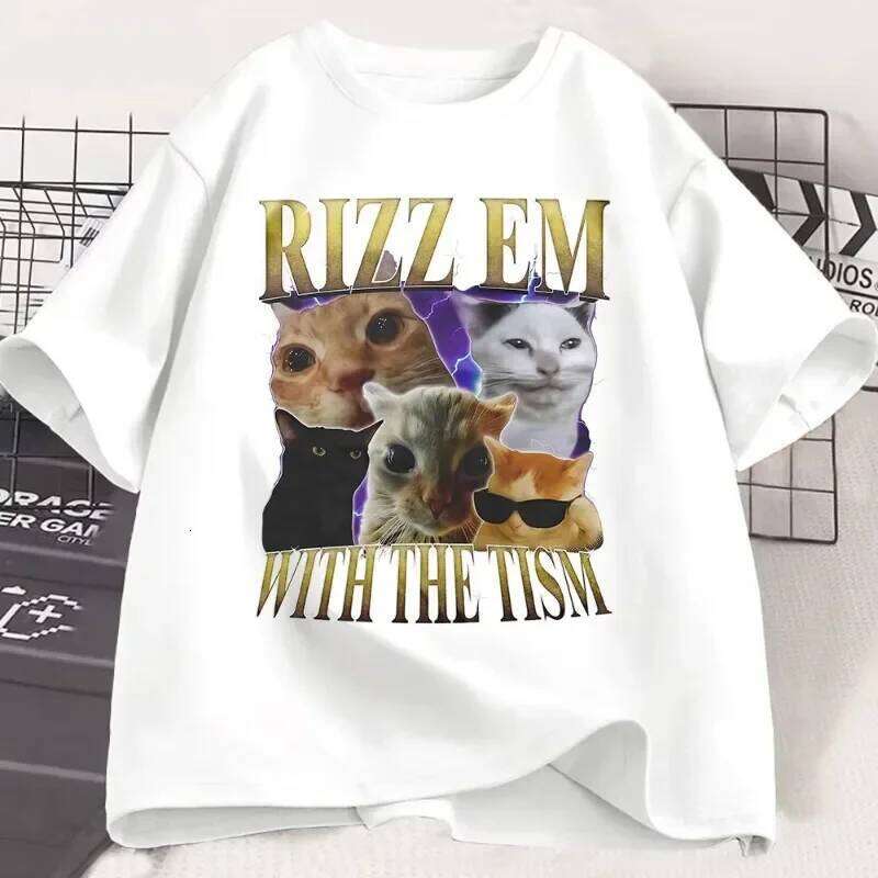 Rizz Em with The Tism T-Shirt Retro Funny Cat Summer T Shirt Tops Women Clothing Casual Short Sleeve T-Shirts graphic Y2K Z260314